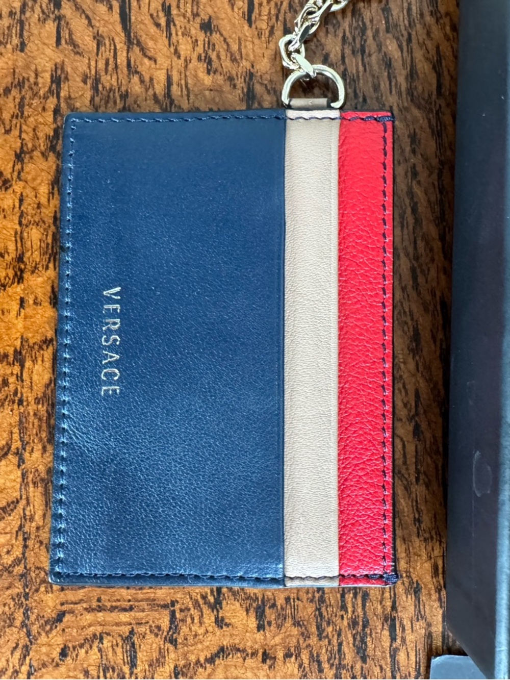 Versace Navy, Cream & Red Leather Card Holder with Key Chain - Picture 2 of 7